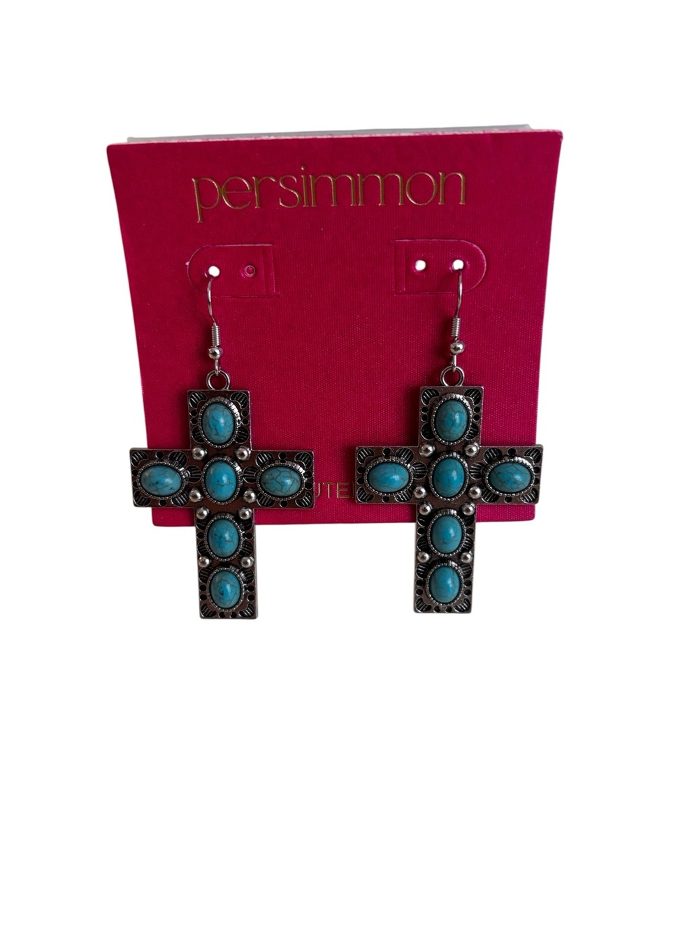 Persimmon Reconstituted Turquoise Cross Dangle Drop Earrings.